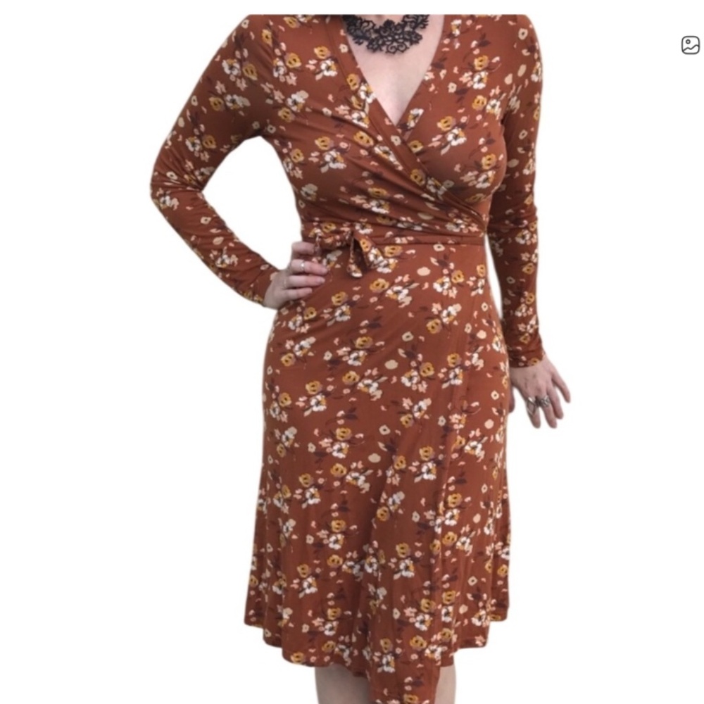 Garnet Hill Viscose Floral Wrap Dress with Long Sleeves Brown, Size Small